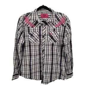 Cowgirl hardware Womens large purple white black plaid embroidered button front